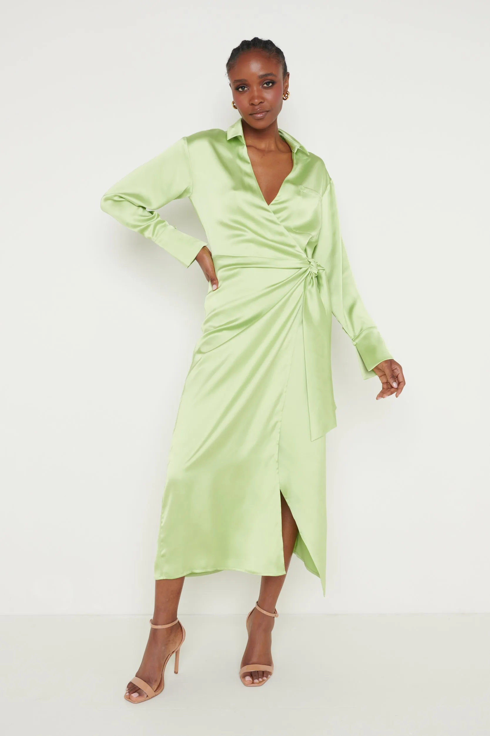 Ronnie Satin Wrap Dress - Apple Green