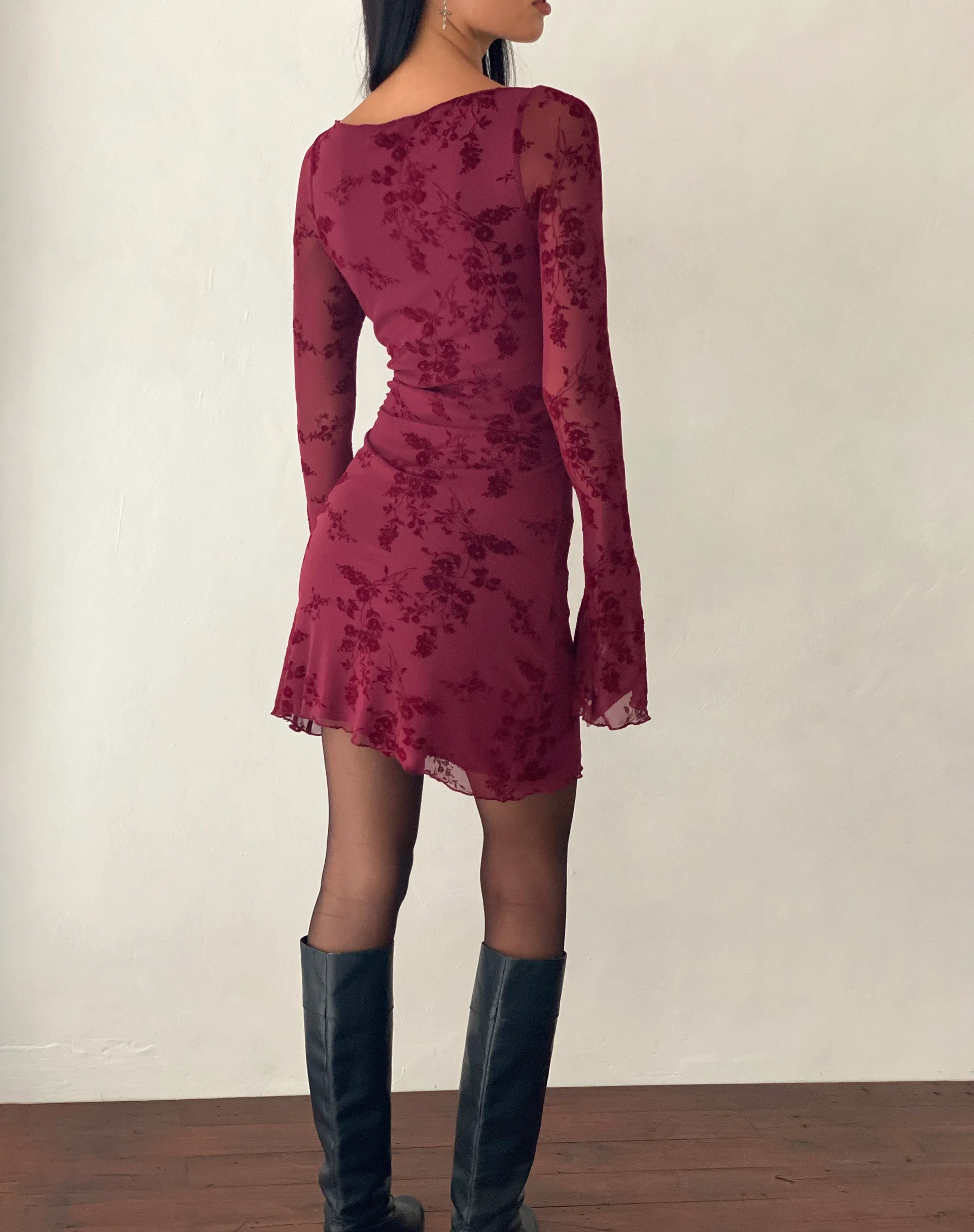 Sevila Long Sleeve Mini Dress in Flocked Botanical Flower Maroon