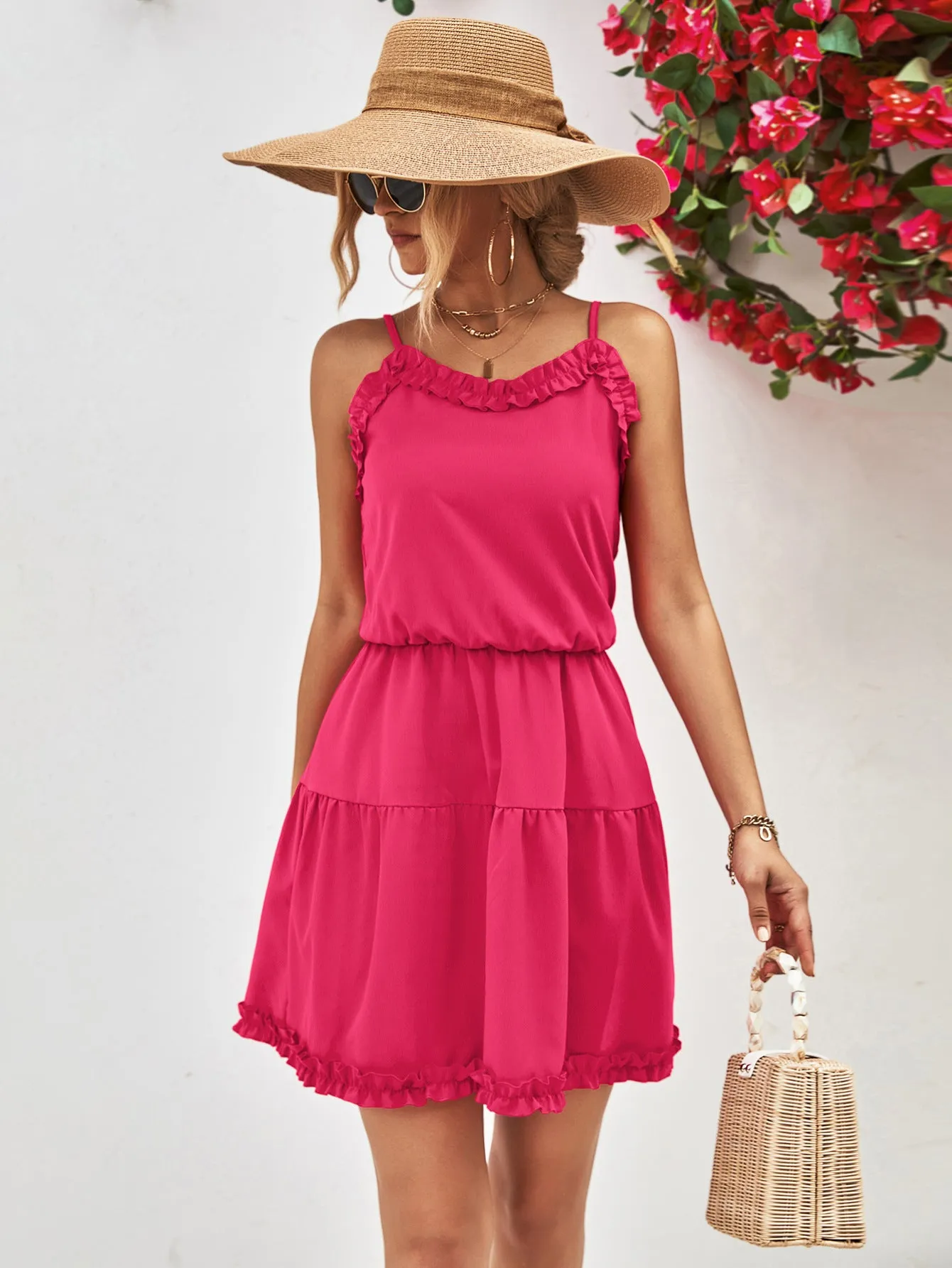 Simple Suspender Ruffle Solid Color Slim Dress Wholesale Dresses