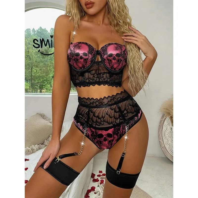 Skull Spider Underwire Lace Lingerie Set & Leg Rings, Hot 3 Pieces Sleepwear For Women