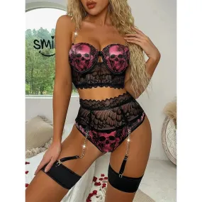 Skull Spider Underwire Lace Lingerie Set & Leg Rings, Hot 3 Pieces Sleepwear For Women