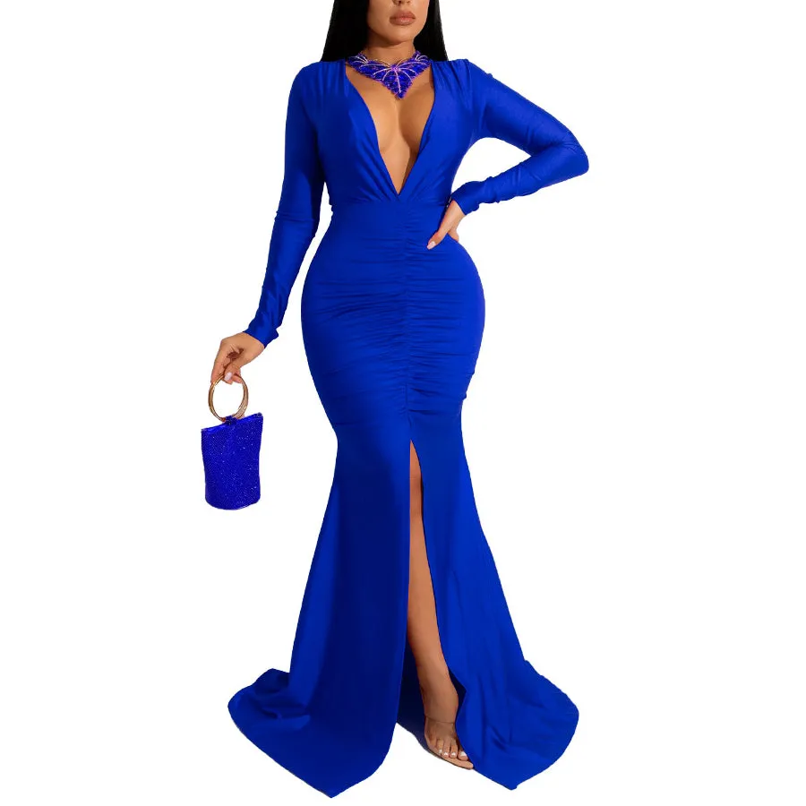 Solid Color Sexy V-Neck Slit Hip-Covering Dress Wholesale Womens Clothing N3823103000089