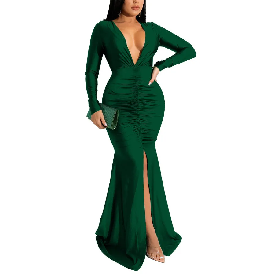 Solid Color Sexy V-Neck Slit Hip-Covering Dress Wholesale Womens Clothing N3823103000089