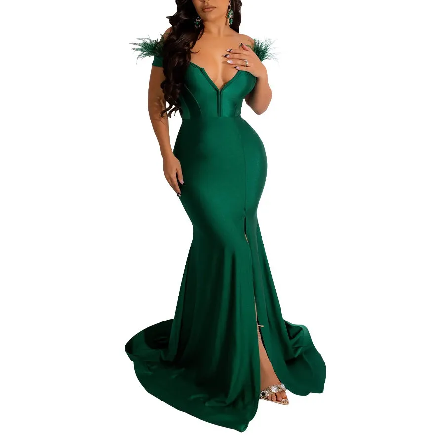 Solid Color V Neck Sleeveless Slit Trailing Dress Wholesale Womens Clothing N3823103000074