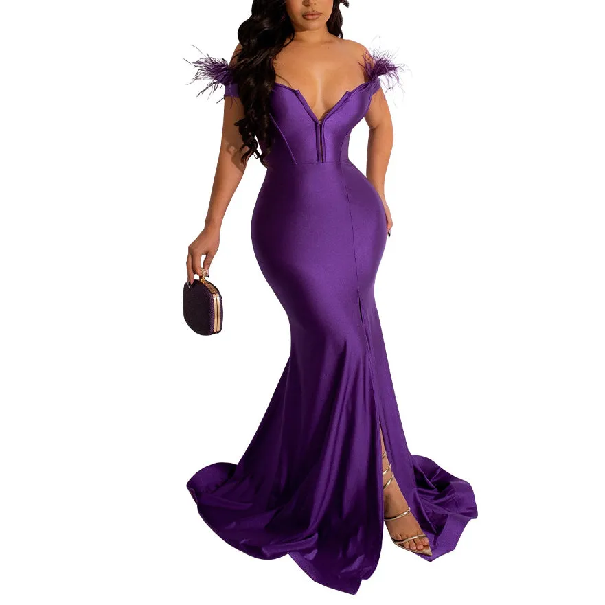 Solid Color V Neck Sleeveless Slit Trailing Dress Wholesale Womens Clothing N3823103000074