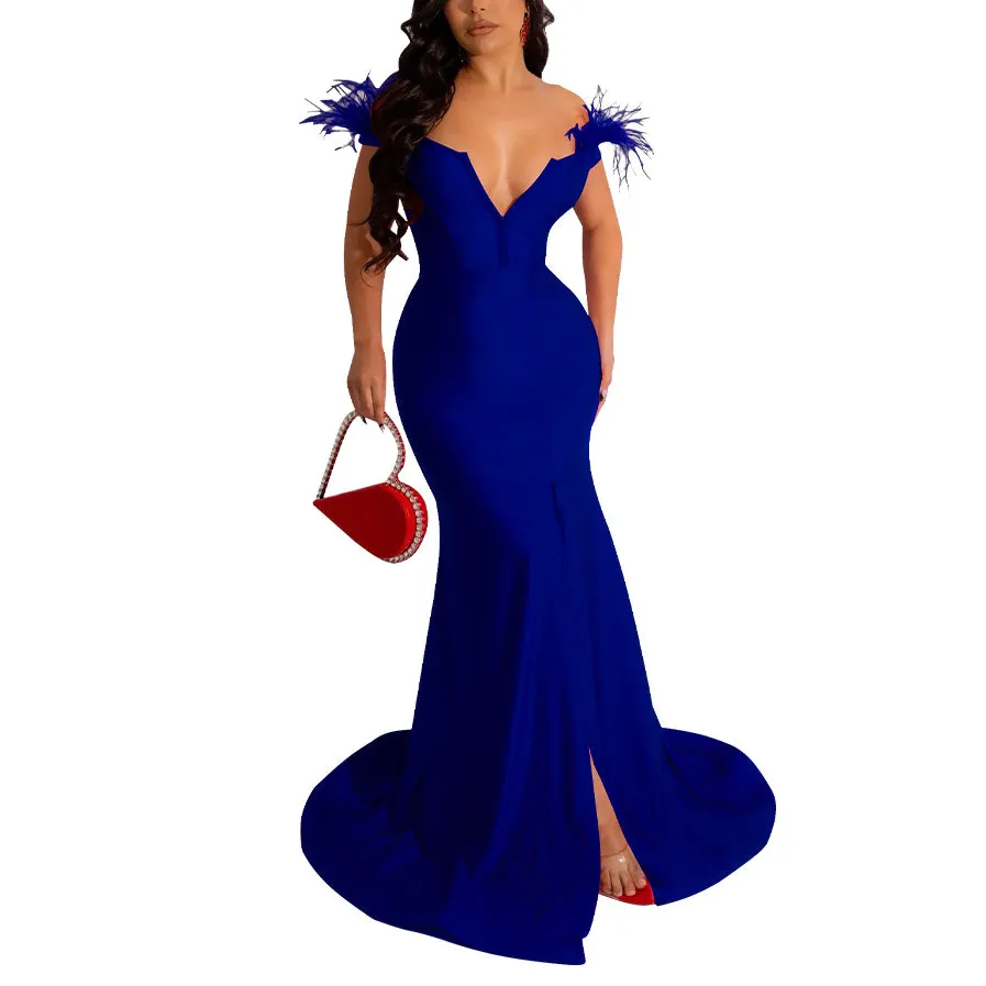 Solid Color V Neck Sleeveless Slit Trailing Dress Wholesale Womens Clothing N3823103000074