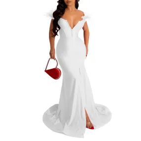 Solid Color V Neck Sleeveless Slit Trailing Dress Wholesale Womens Clothing N3823103000074