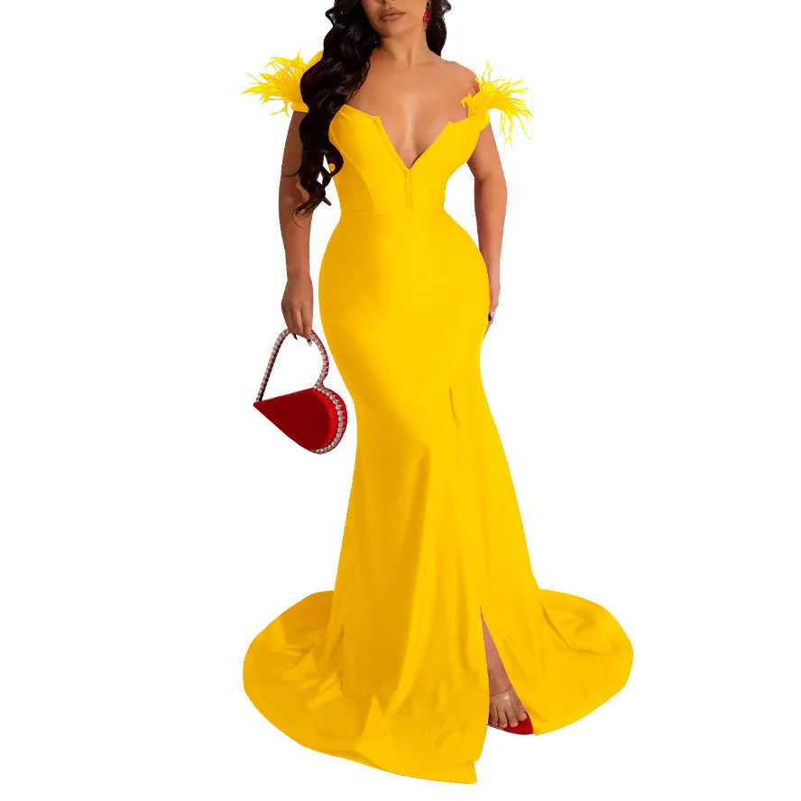 Solid Color V Neck Sleeveless Slit Trailing Dress Wholesale Womens Clothing N3823103000074