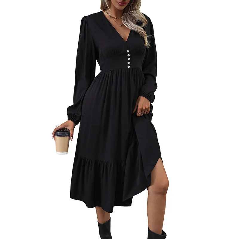 Solid Color V-Neck Waist Long Sleeve Dresses Wholesale Womens Clothing N3824082900005