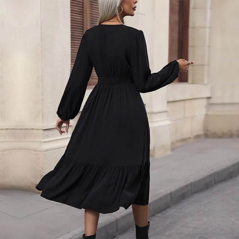 Solid Color V-Neck Waist Long Sleeve Dresses Wholesale Womens Clothing N3824082900005