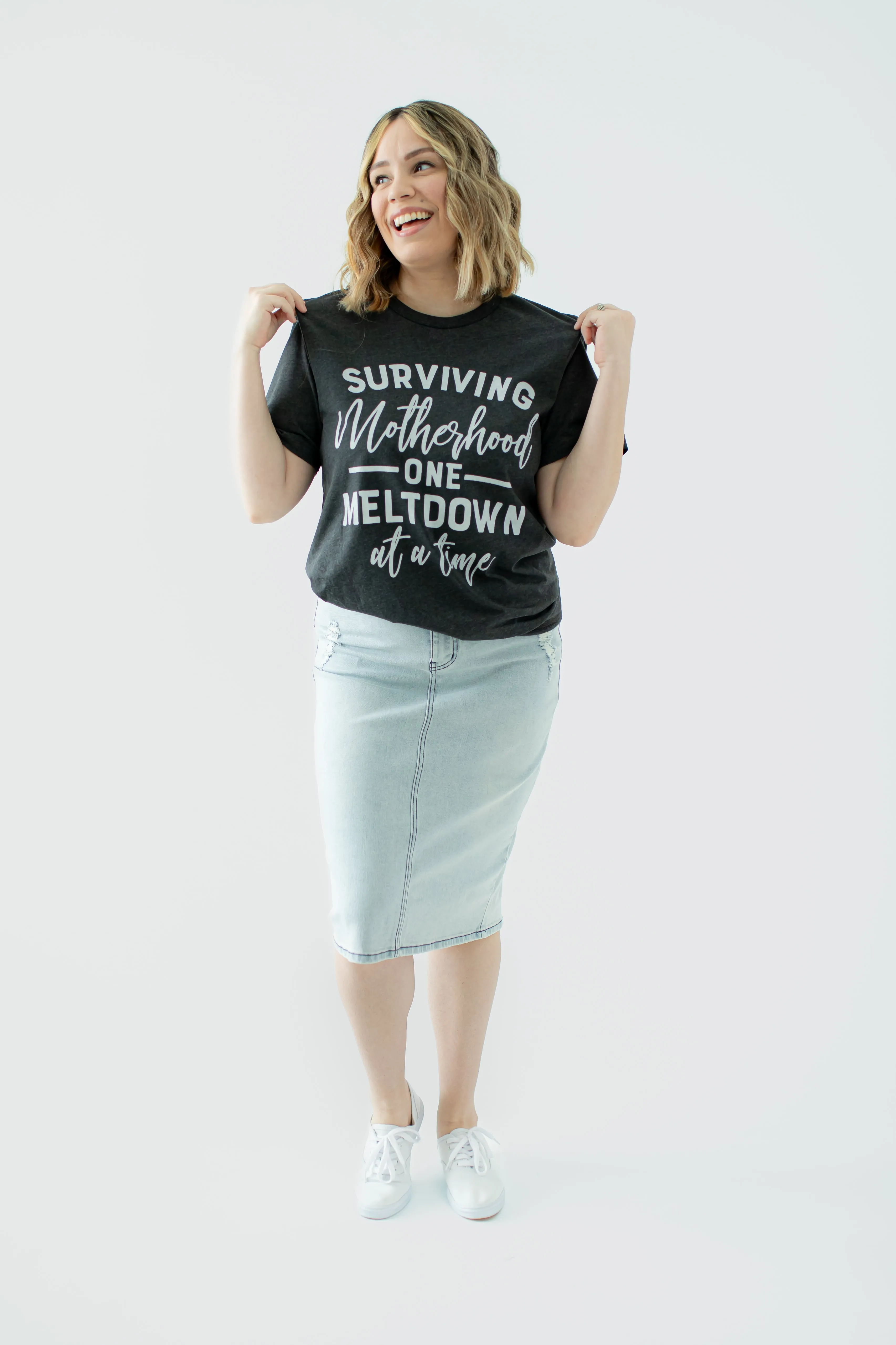 Surviving Motherhood Meltdown Graphic Tee in Heather Grey