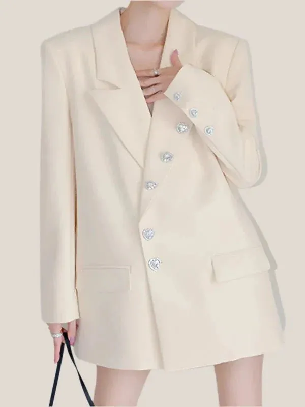 Wenkouban-Winter outfits Christmas Beige Rhinestone Heart Button Suit Jacket