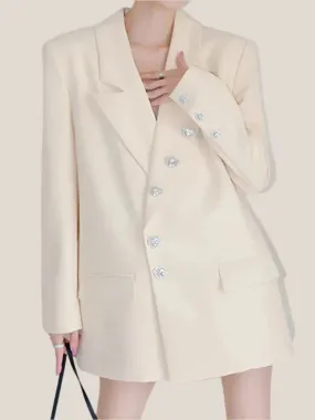 Wenkouban-Winter outfits Christmas Beige Rhinestone Heart Button Suit Jacket