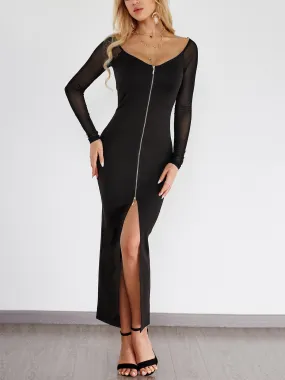 Wholesale Black Deep V Neck Long Sleeve Zip Back See Through Slit Hem Maxi Dress