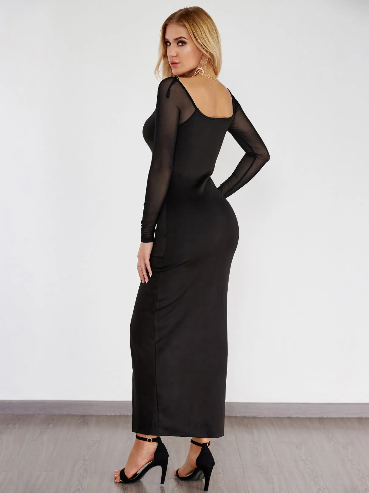 Wholesale Black Deep V Neck Long Sleeve Zip Back See Through Slit Hem Maxi Dress