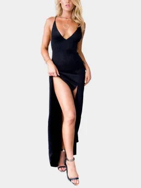 Wholesale Black Deep V-Neck Sleeveless Backless Slit Hem Maxi Dresses