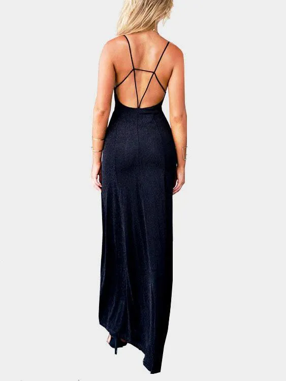 Wholesale Black Deep V-Neck Sleeveless Backless Slit Hem Maxi Dresses