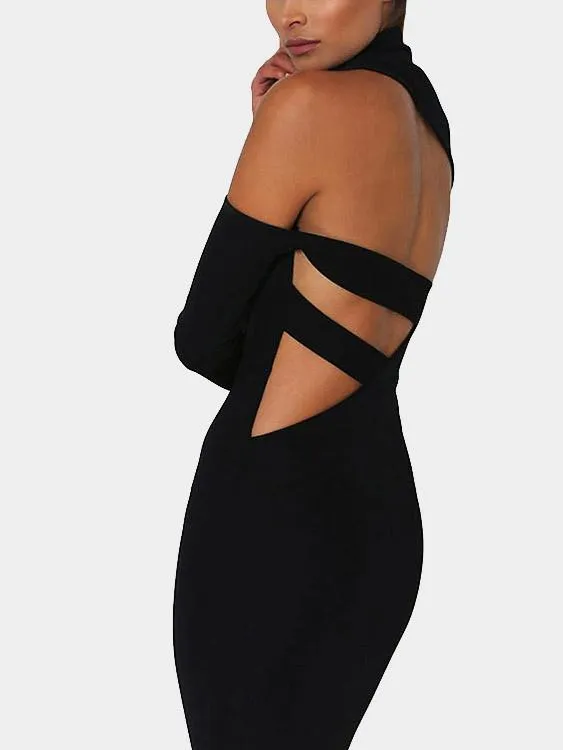 Wholesale Black High Neck Long Sleeve Backless Cut Out Dresses