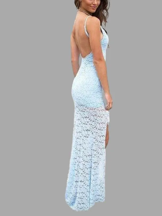 Wholesale Blue V-Neck Sleeveless Lace Slit Hem Maxi Dresses