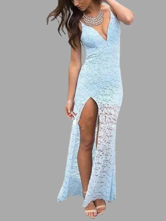 Wholesale Blue V-Neck Sleeveless Lace Slit Hem Maxi Dresses