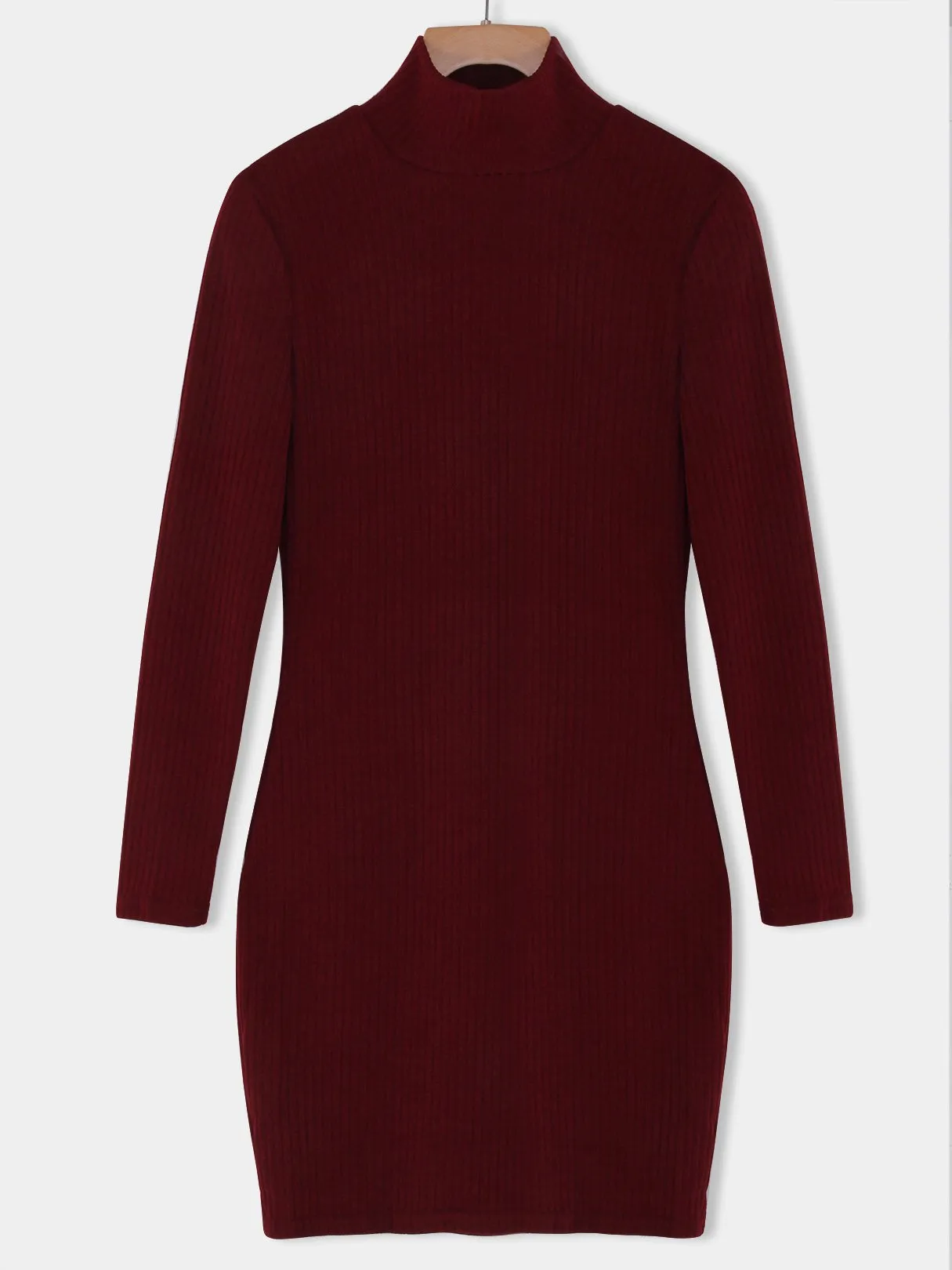 Wholesale Burgundy Chimney Collar Long Sleeve Plain Bodycon Dresses