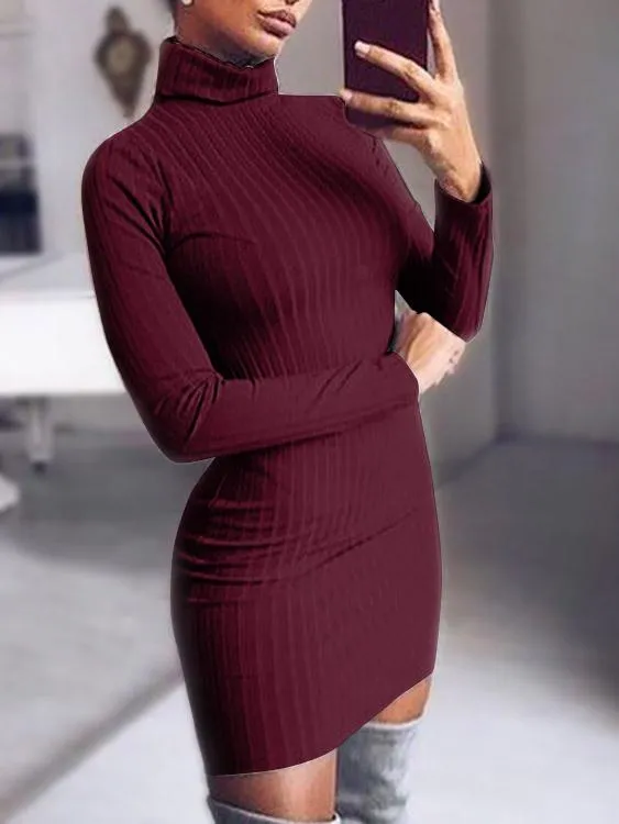 Wholesale Burgundy Chimney Collar Long Sleeve Plain Bodycon Dresses