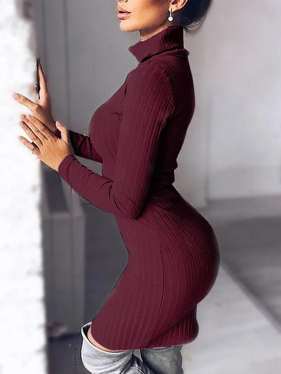 Wholesale Burgundy Chimney Collar Long Sleeve Plain Bodycon Dresses