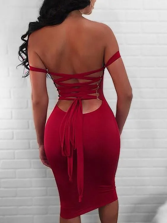 Wholesale Burgundy Off The Shoulder Sleeveless Backless Lace-Up Bodycon Dresses