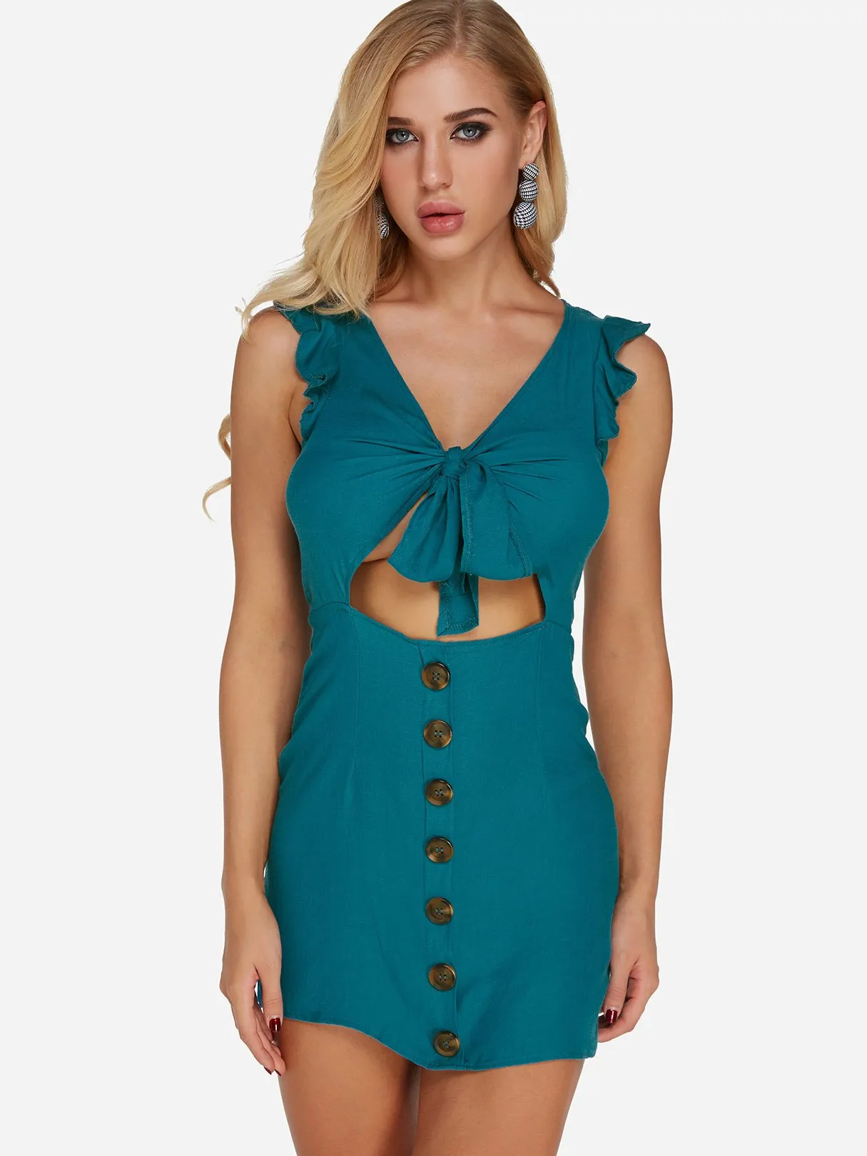 Wholesale Green V-Neck Sleeveless Cut Out Self-Tie Bowknot Bodycon Hem Dresses