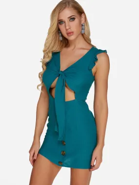 Wholesale Green V-Neck Sleeveless Cut Out Self-Tie Bowknot Bodycon Hem Dresses