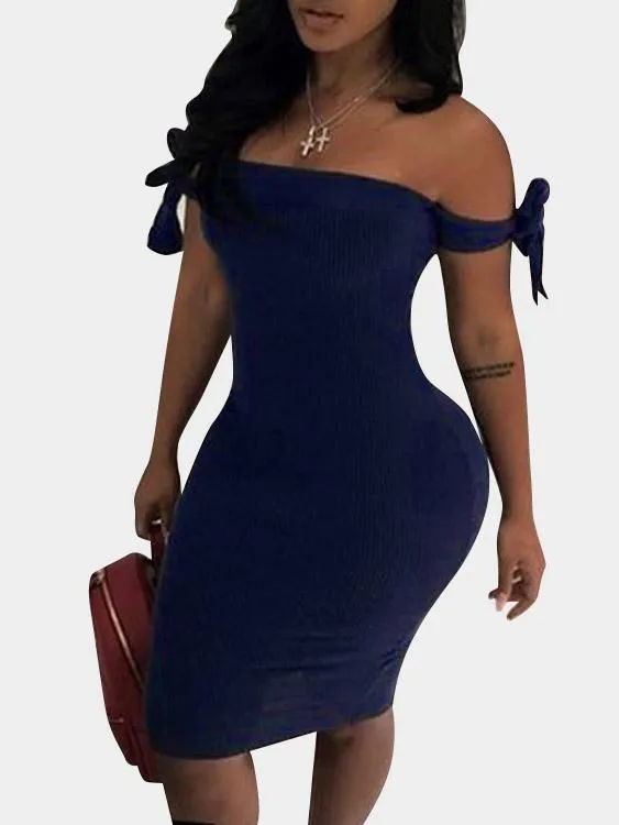 Wholesale Navy Off The Shoulder Short Sleeve Plain Bodycon Dresses