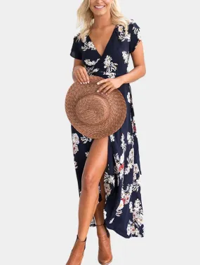 Wholesale Navy V-Neck Floral Print Wrap Maxi Dresses