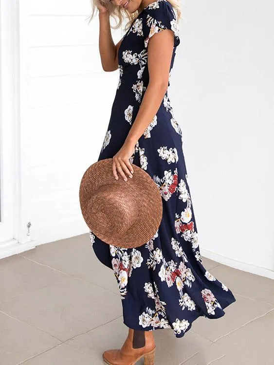 Wholesale Navy V-Neck Floral Print Wrap Maxi Dresses