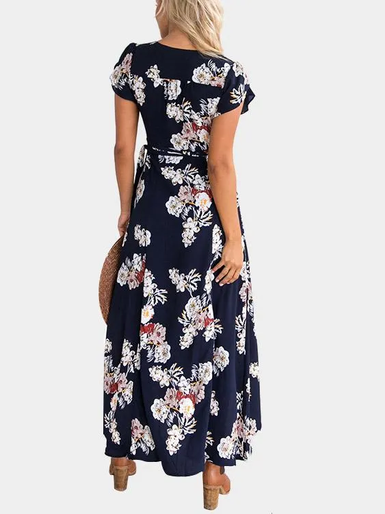 Wholesale Navy V-Neck Floral Print Wrap Maxi Dresses