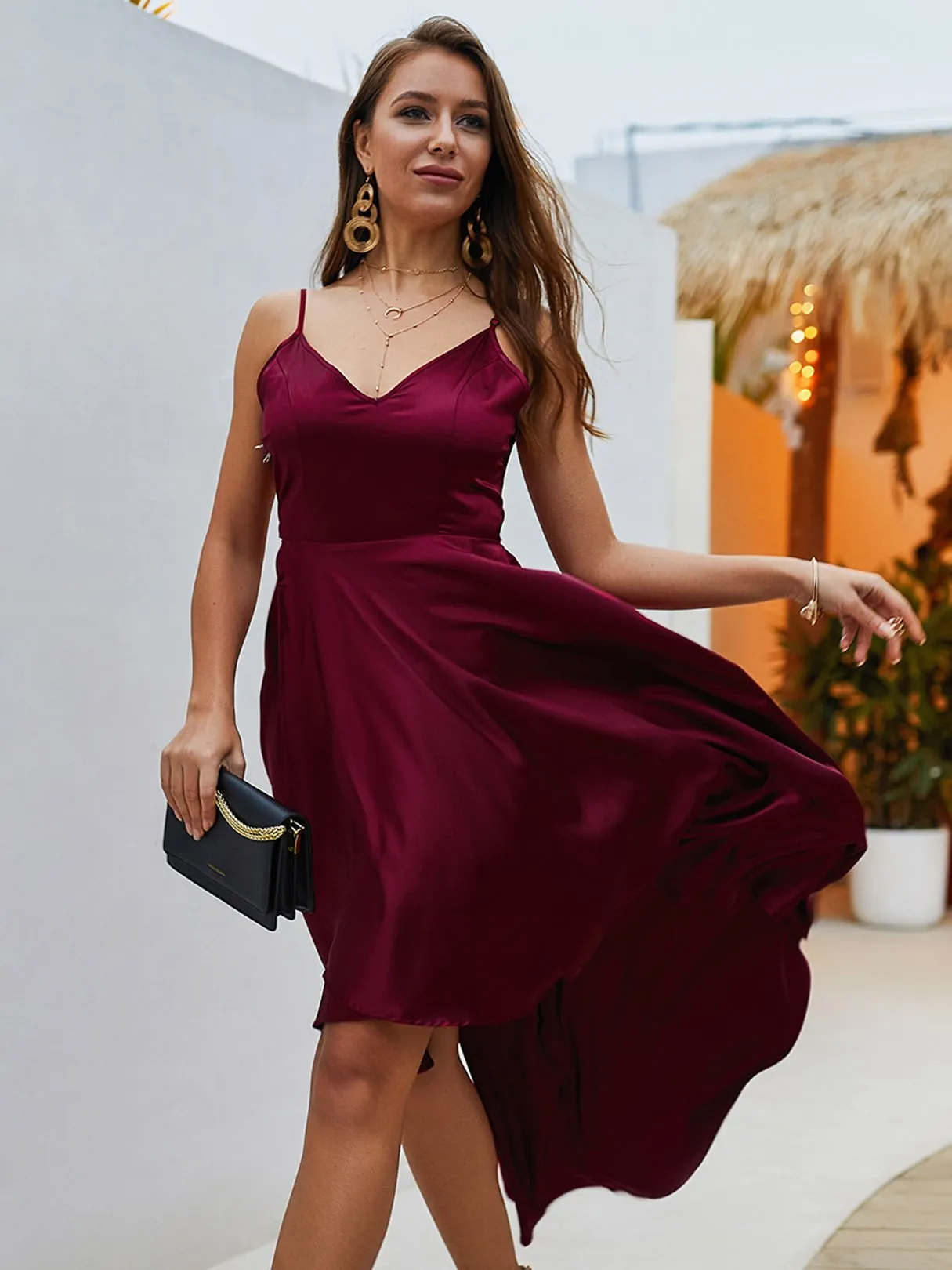 Wholesale Red V-Neck Sleeveless Plain Backless Self-Tie High-Low Hem Maxi Dress