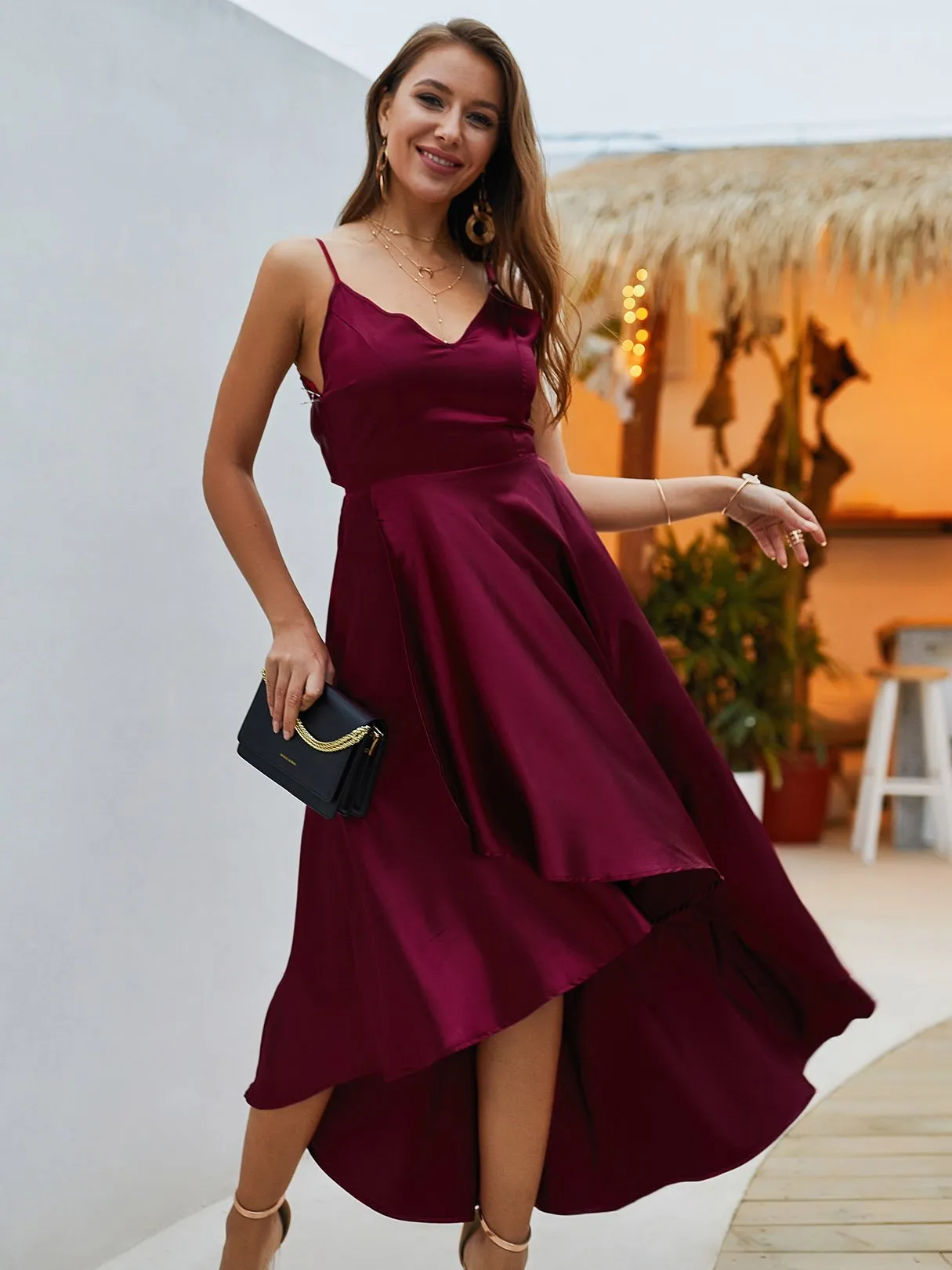 Wholesale Red V-Neck Sleeveless Plain Backless Self-Tie High-Low Hem Maxi Dress