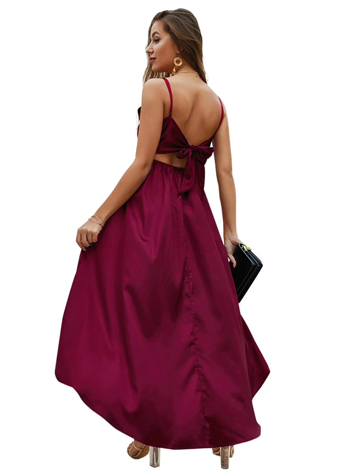 Wholesale Red V-Neck Sleeveless Plain Backless Self-Tie High-Low Hem Maxi Dress