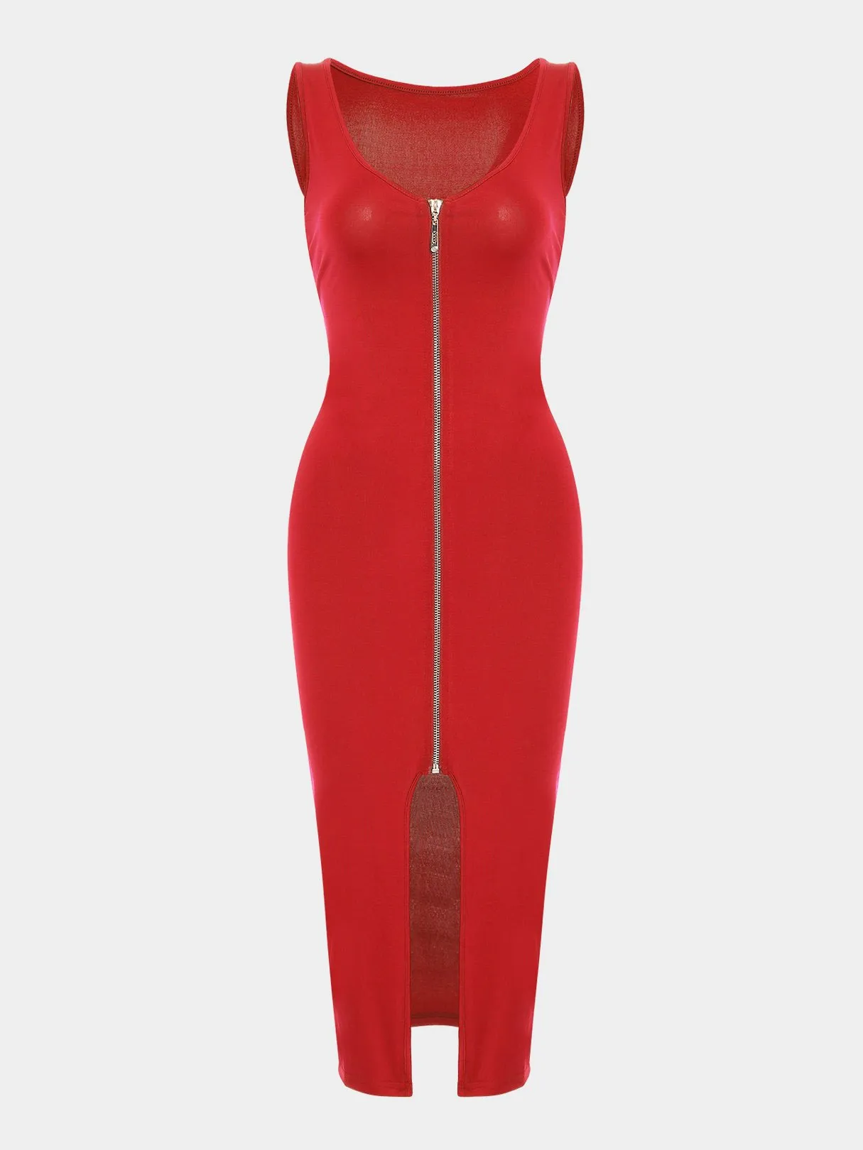 Wholesale Round Neck Zip Back Sleeveless Bodycon Hem Red Dresses