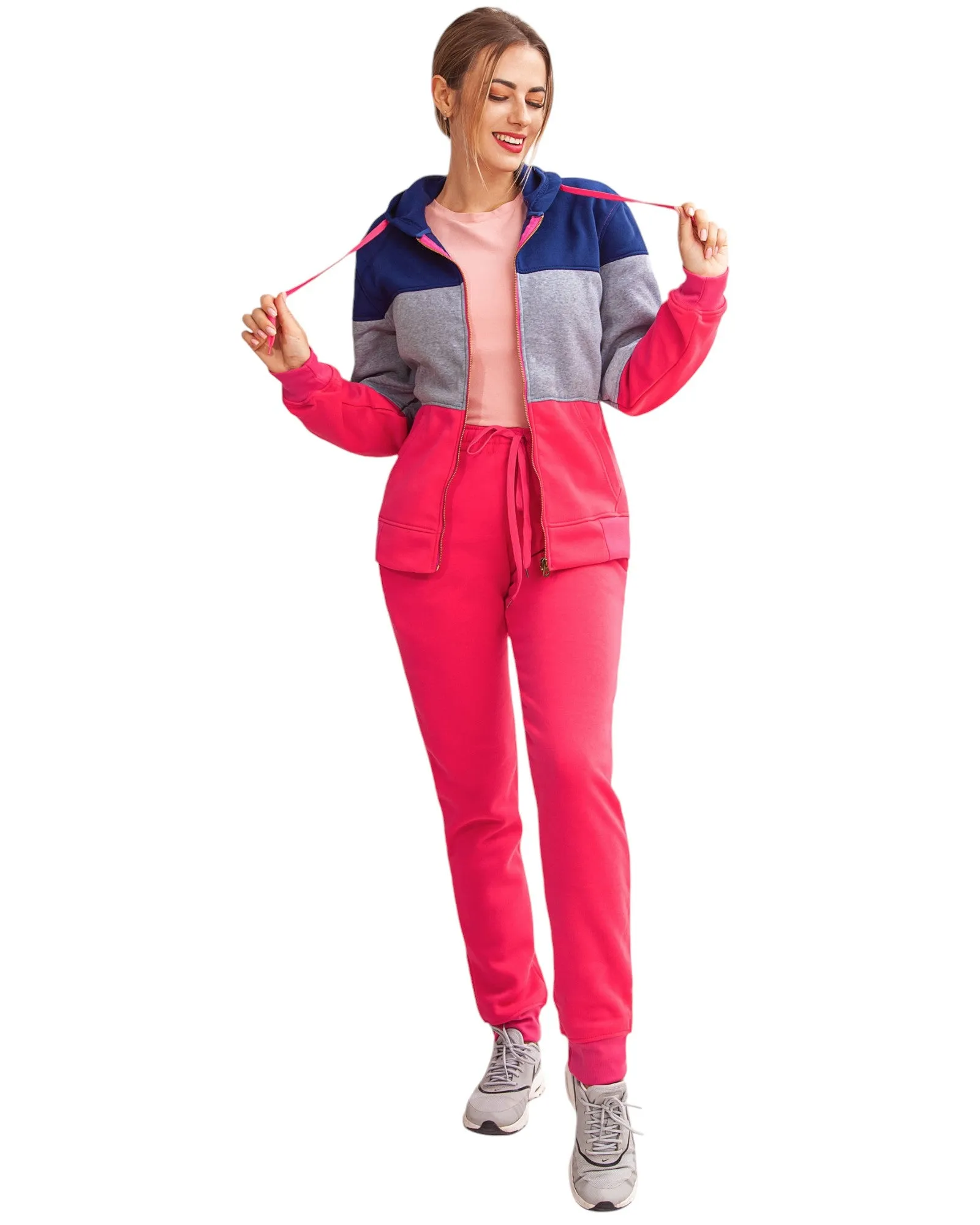 Women's ColorBlock Fleece SweatJacket and Jogger Sweatpants 2-Piece Fleece Suit