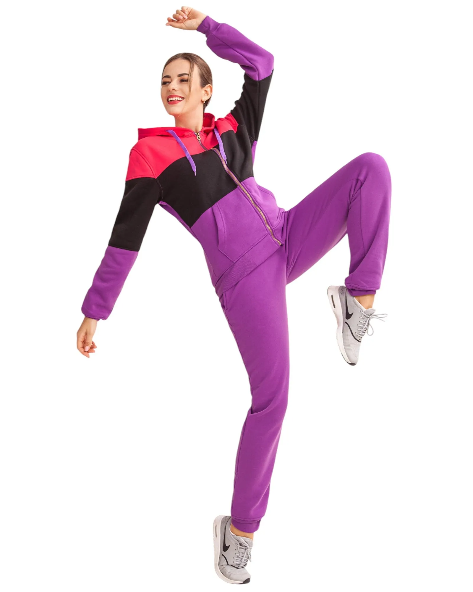 Women's ColorBlock Fleece SweatJacket and Jogger Sweatpants 2-Piece Fleece Suit