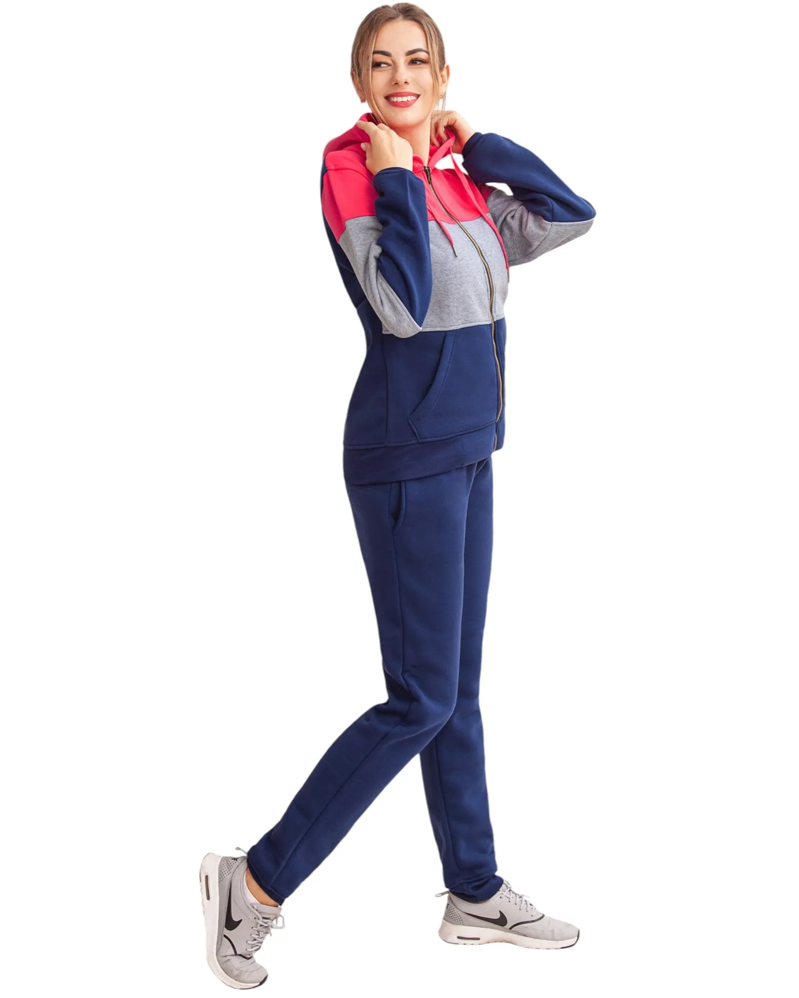 Women's ColorBlock Fleece SweatJacket and Jogger Sweatpants 2-Piece Fleece Suit