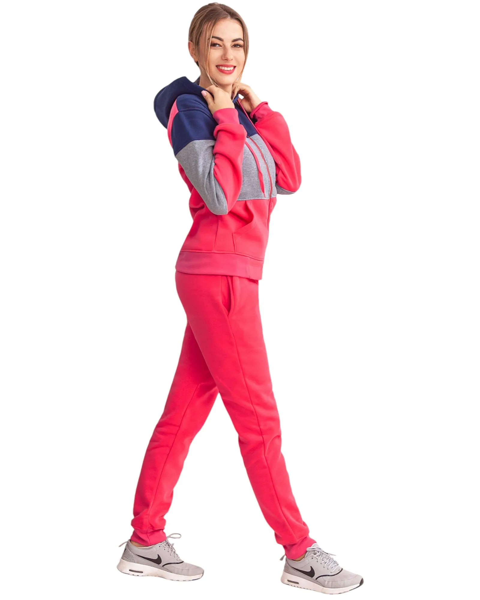 Women's ColorBlock Fleece SweatJacket and Jogger Sweatpants 2-Piece Fleece Suit