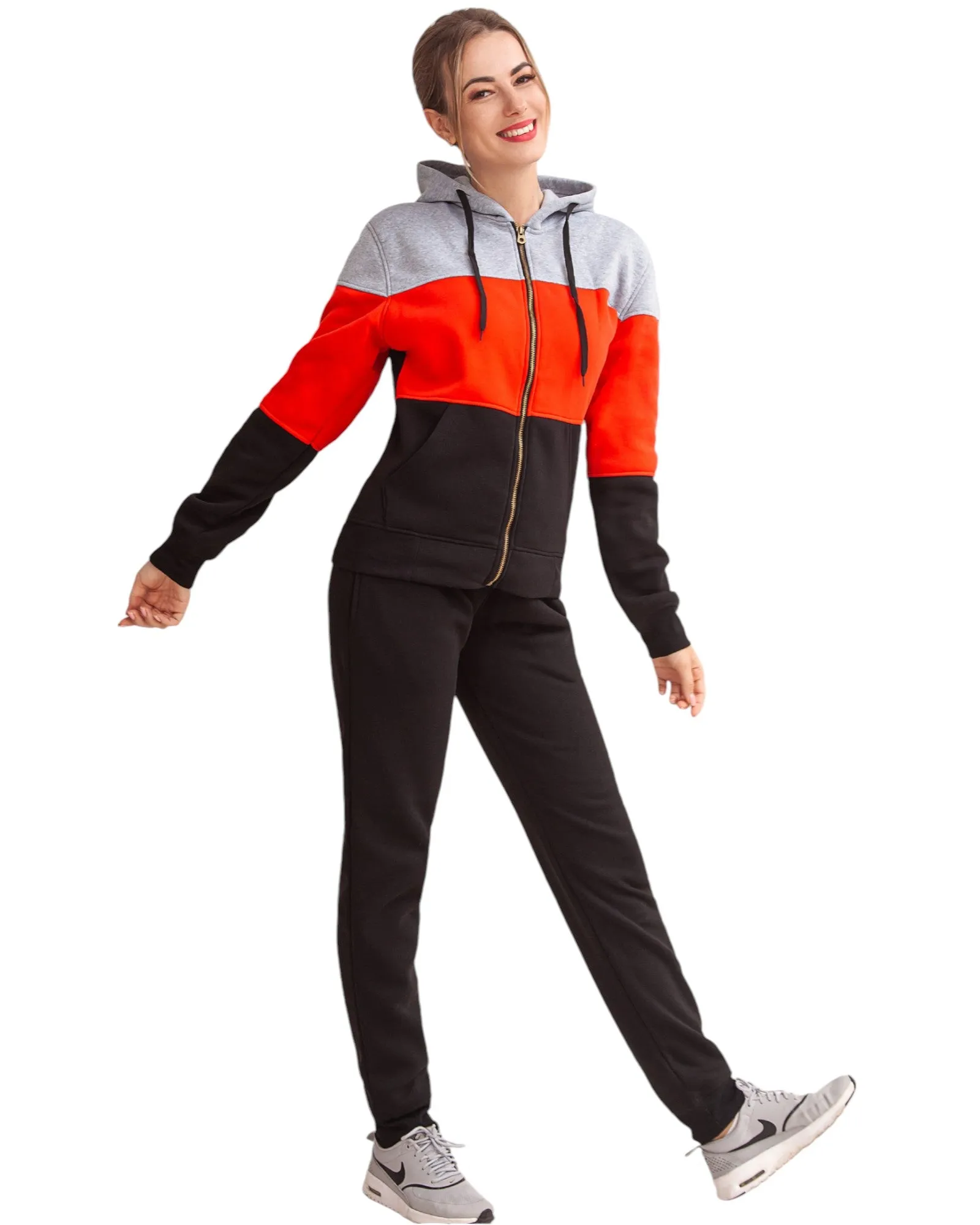 Women's ColorBlock Fleece SweatJacket and Jogger Sweatpants 2-Piece Fleece Suit